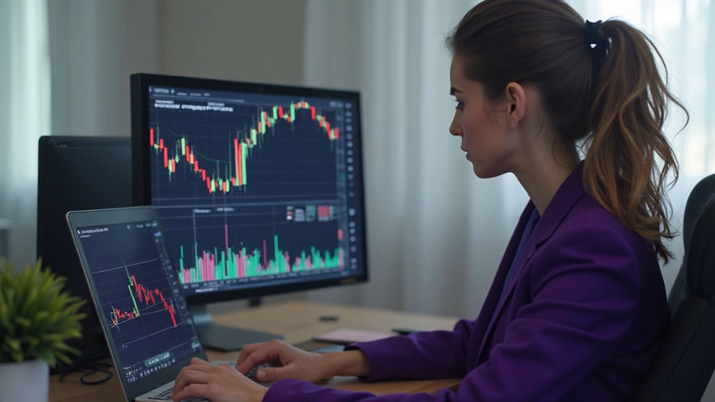 Finanzanalyst betrachtet Candlestick-Diagramme auf Computer für technische Marktanalyse
