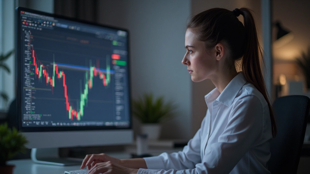 Trader analysiert Candlestick-Muster und Trendlinien auf interaktivem Handels-Dashboard