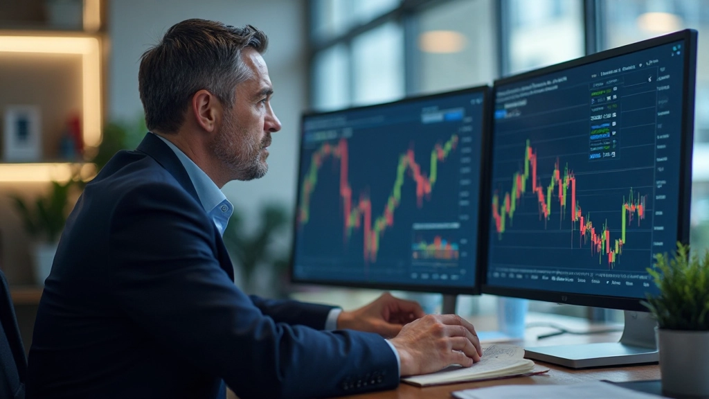 Finanzfachmann analysiert Aktienmarktdiagramme und Handelsperformance-Metriken auf digitalem Dashboard