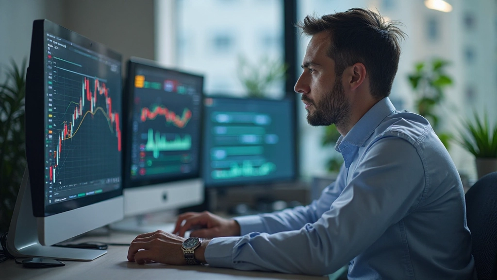 Professioneller Arbeitsplatz eines Finanzanalysten mit Computern und Diagrammen