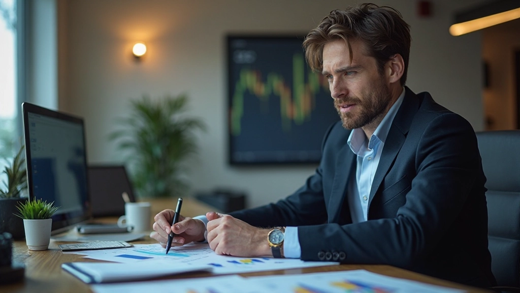 Finanzfachmann analysiert Zentralbankdaten und Zinssätze an seinem Schreibtisch