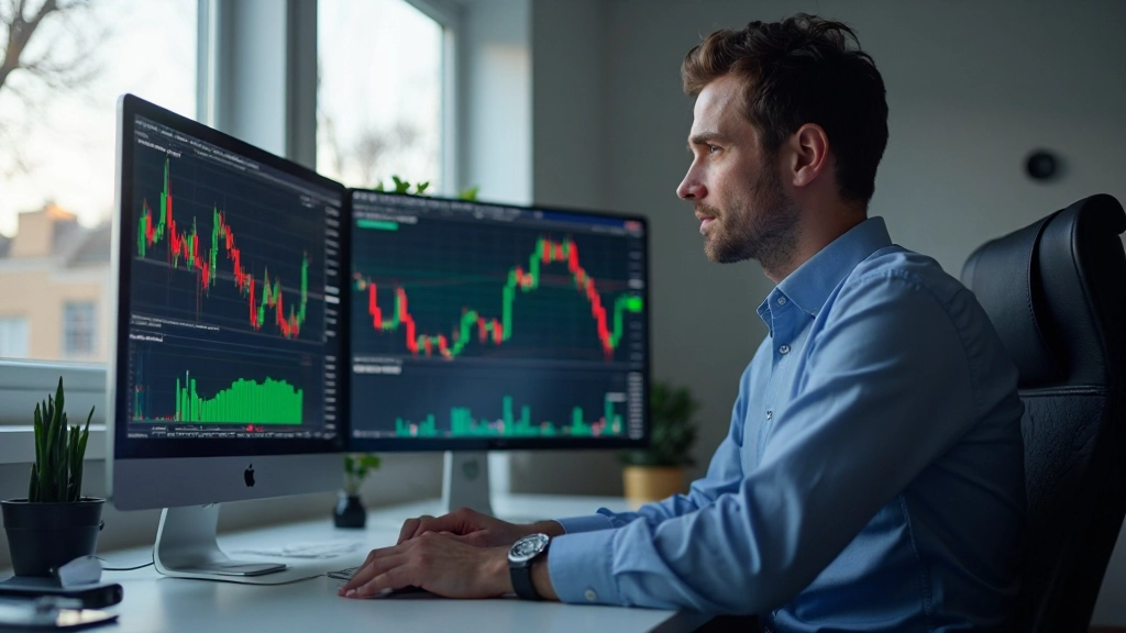 Trader analysiert Kryptowährungsdiagramme auf dem Computerbildschirm mit Finanzcharts und Marktdaten