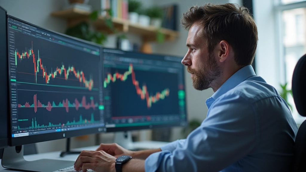 Ein professioneller Trader analysiert Handelsdiagramme auf mehreren Bildschirmen mit Fokussierung und Konzentration