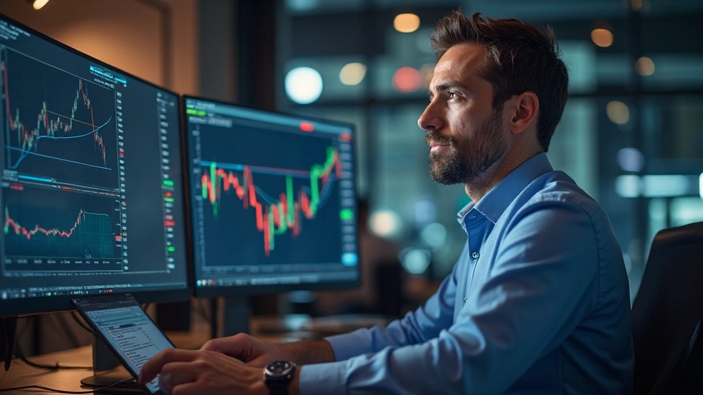 Stockbroker analyzing stock charts on multiple monitors in modern office