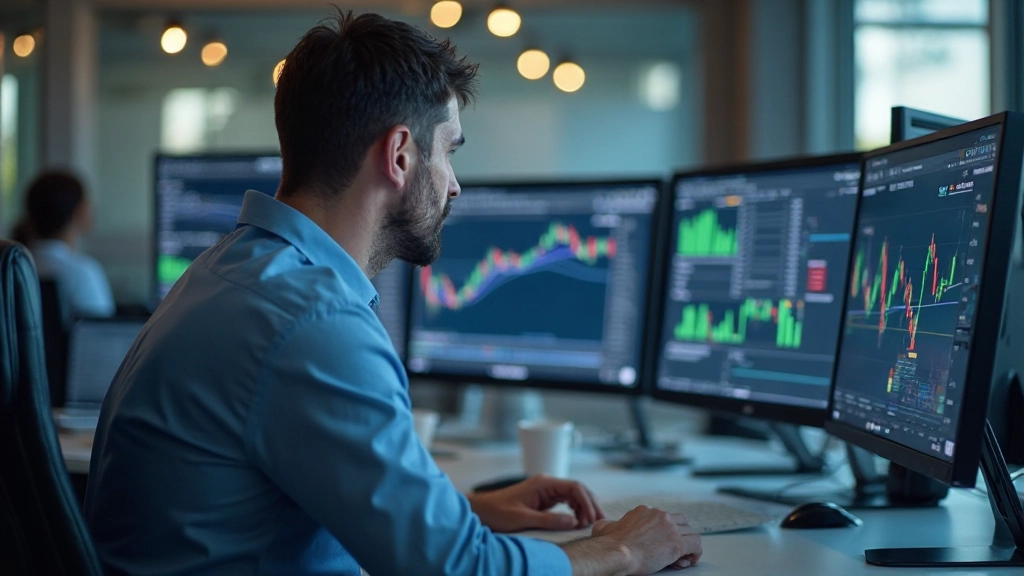 Finanzhändler analysiert Korrelationsdiagramme auf mehreren Monitoren