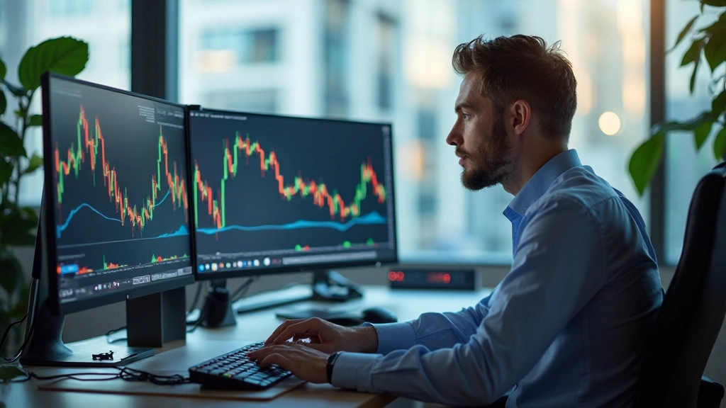 Finanzanalyst überprüft Marktdaten auf mehreren Bildschirmen im modernen Handelsbüro