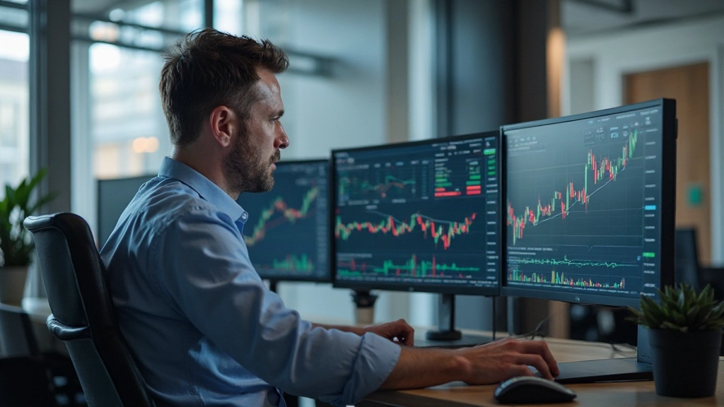 Professionelle Grafik eines Traders, der Chartmuster auf mehreren Monitoren analysiert