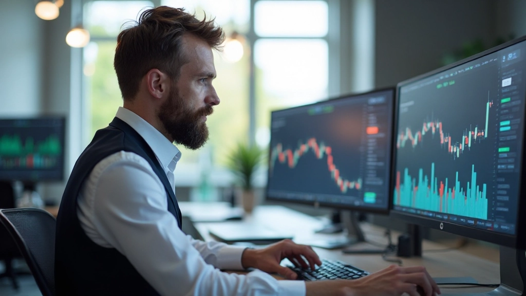 Professioneller Finanzanalyst arbeitet an modernem Schreibtisch mit mehreren Bildschirmen