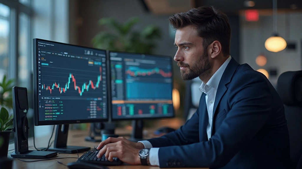 Professionelle Handelsanalyst arbeitet mit Charts und Marktdaten auf mehreren Bildschirmen