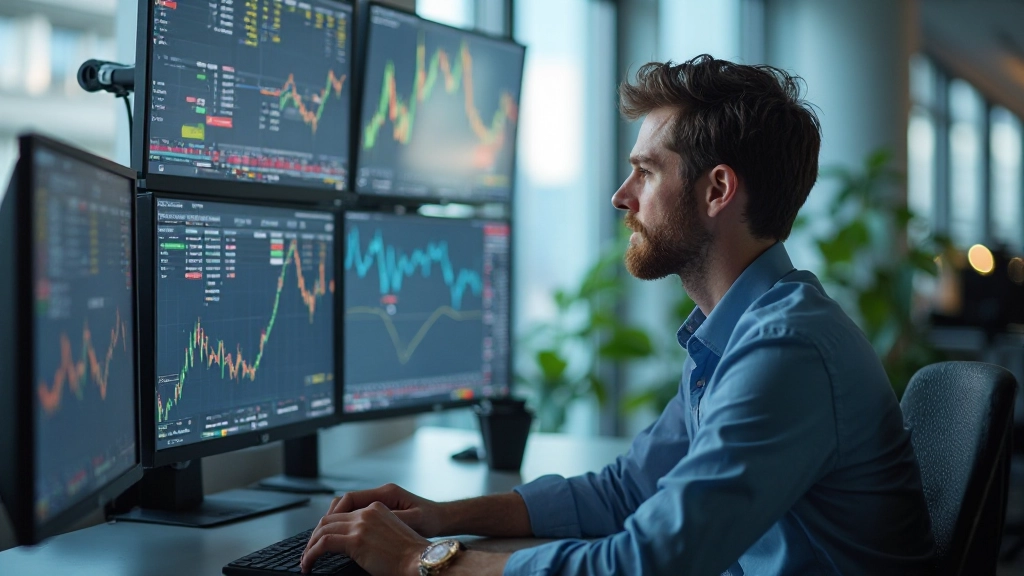 Professionelles Bild eines Traders an mehreren Monitoren mit Datenanalyse-Displays