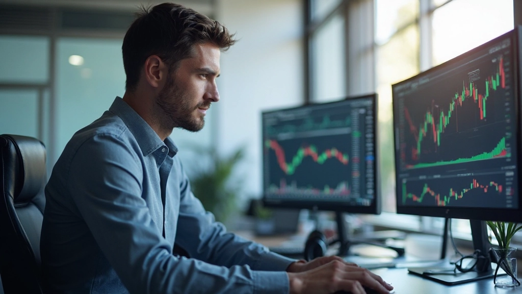 Professionelles Bild eines Traders bei der Analyse von Aktiendaten auf dem Bildschirm in modernem Büro