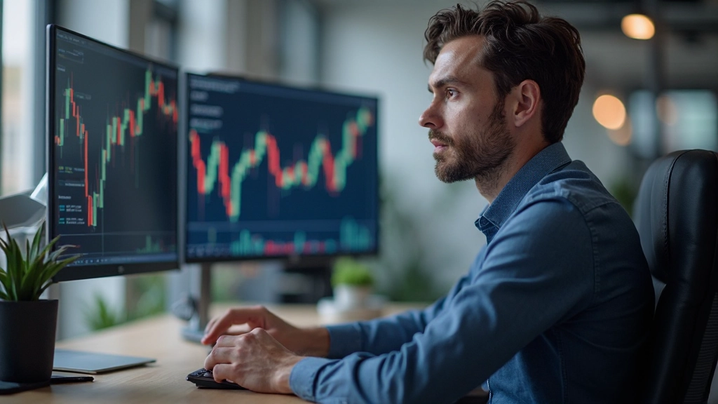 Trader untersucht Candlestick-Muster und technische Indikatoren auf Mehrmonitor-Setup