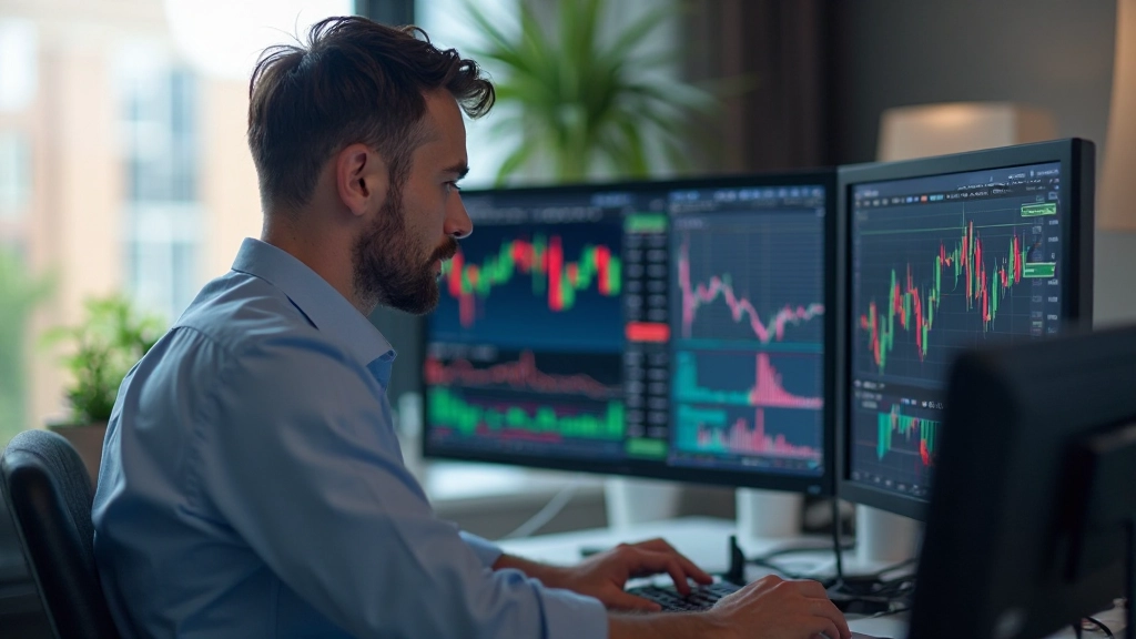 Trader analysiert Charts auf Monitor mit technischen Indikatoren