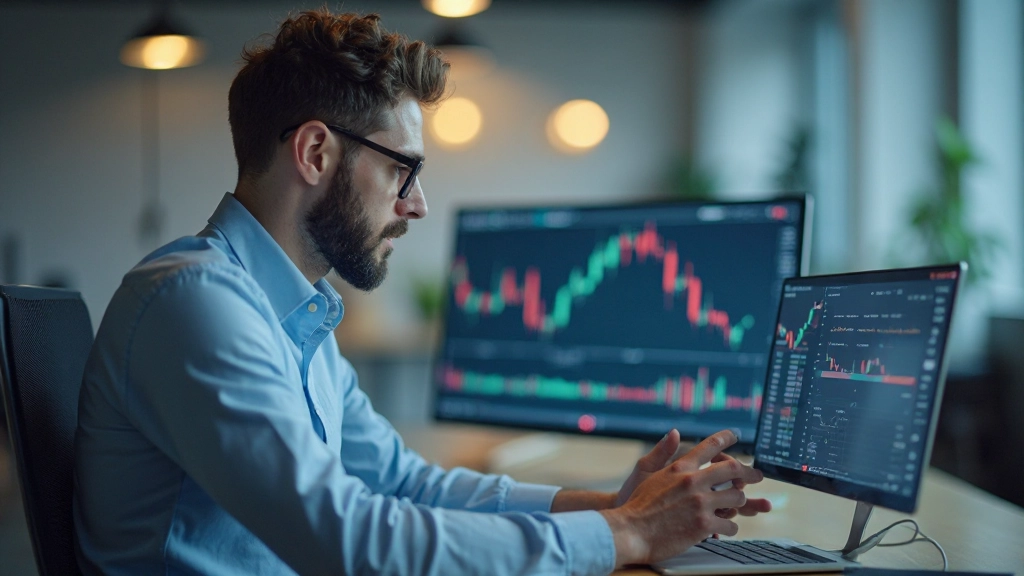 Anfänger analysiert Candlestick-Charts auf Laptop im Büro