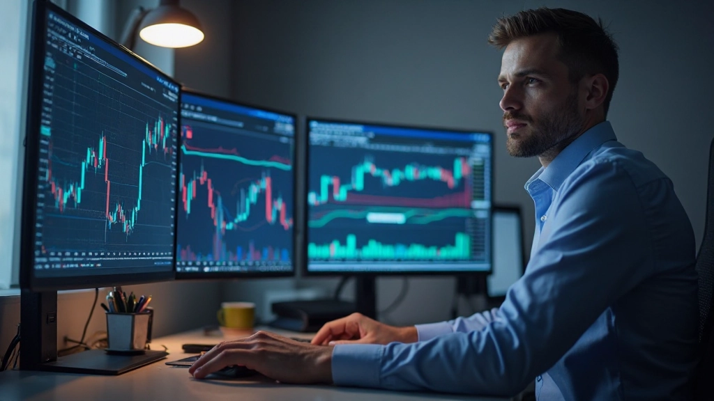Trader überwacht Intraday-Trading-Strategien auf mehreren Monitoren