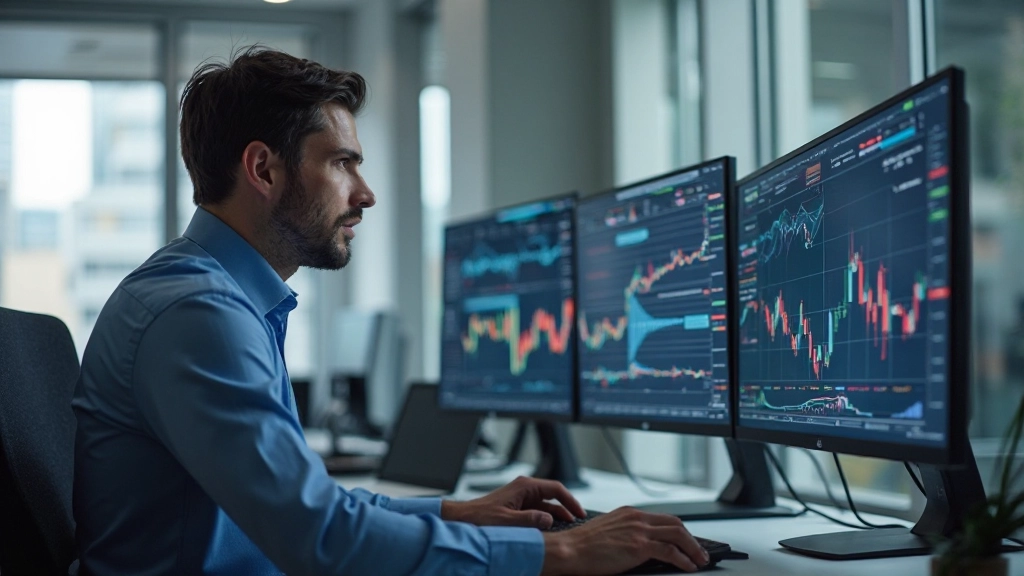 Erfolgreicher Trader verfolgt Portfolio-Performance auf mehreren Bildschirmen im modernen Büro