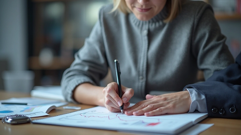 Ein Handelsjournal liegt auf einem Schreibtisch mit handgeschriebenen Notizen, Grafiken und Handelsdiagrammen neben einer Tasse Kaffee