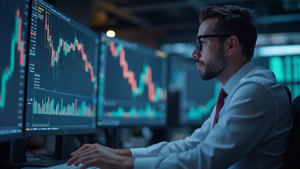 Ein professioneller Trader analysiert Candlestick-Muster und Trendlinien auf einem Handelsbildschirm