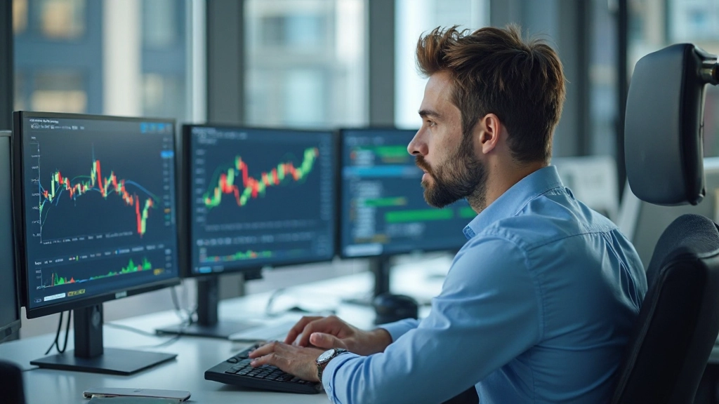 Trader analysiert Compliance-Berichte und Handelsprotokoll auf mehreren Bildschirmen im modernen Büro