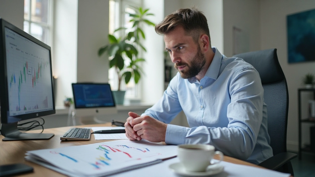Trader überprüft Wirtschaftskalender und plant Handelsstrategien mit Notizen und Kaffee am Arbeitsplatz