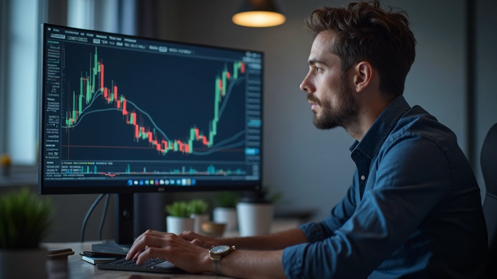 Trader analysiert Candlestick-Muster und technische Indikatoren auf Handelsterminal