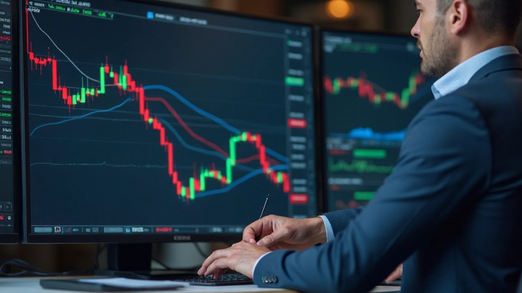 Technischer Analyst mit Candlestick-Charts und Trendlinien