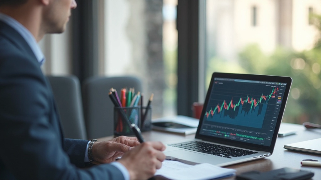 Trader-Schreibtisch mit Notizbuch und Finanzcharts zur Dokumentation