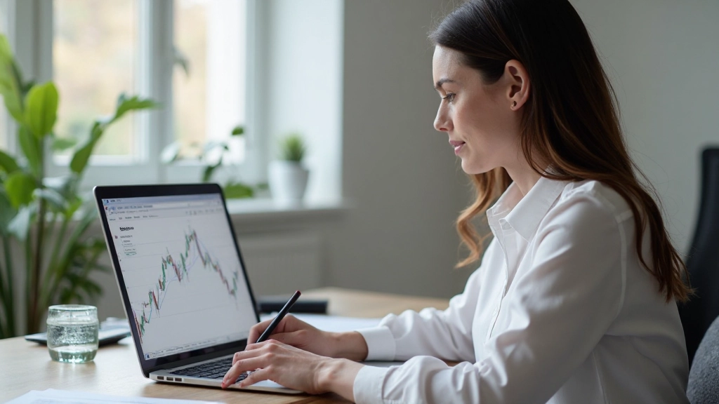 Financial analyst reviewing candlestick charts and trend lines on laptop screen