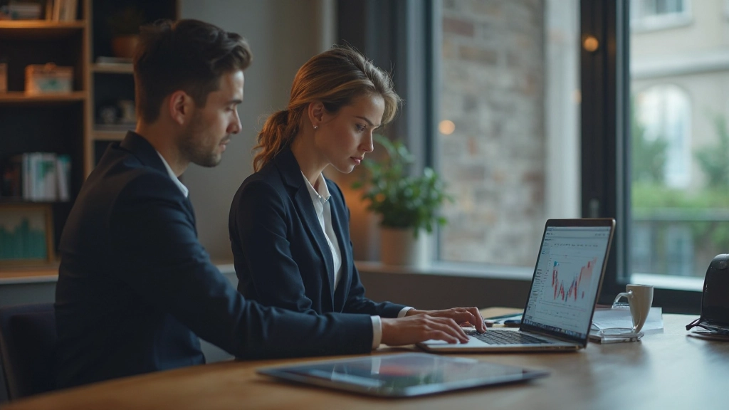 Vermögensverwalter beim Analysieren von diversifizierten Portfolios auf Laptop im modernen Büro