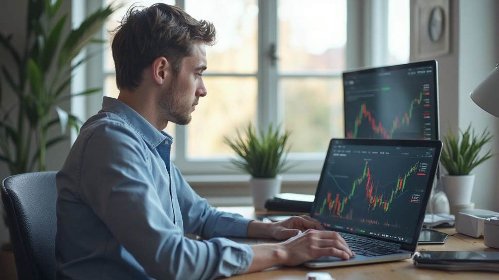 Anfänger-Trader studiert Aktienmarkt-Fundamentals auf dem Computer