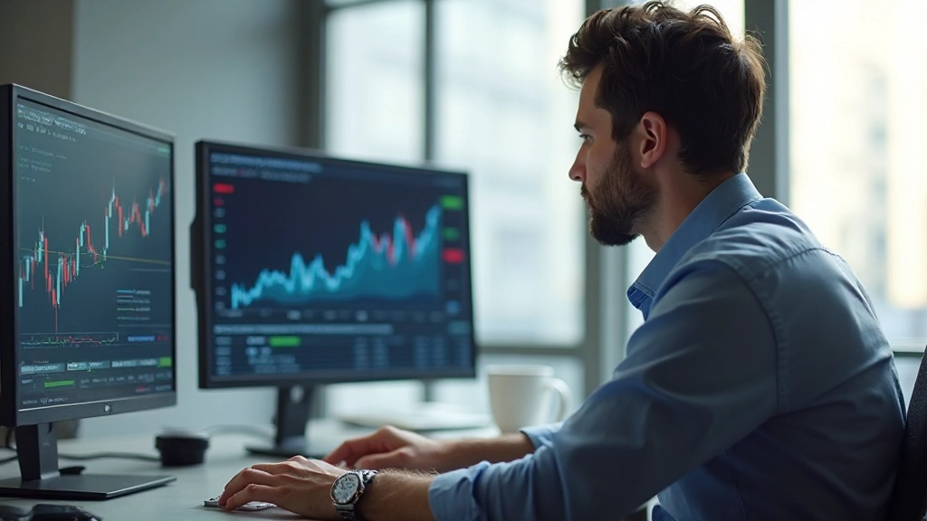 Anfänger analysiert Candlestick-Charts und Handelsdiagramme auf modernem Monitor im Büro